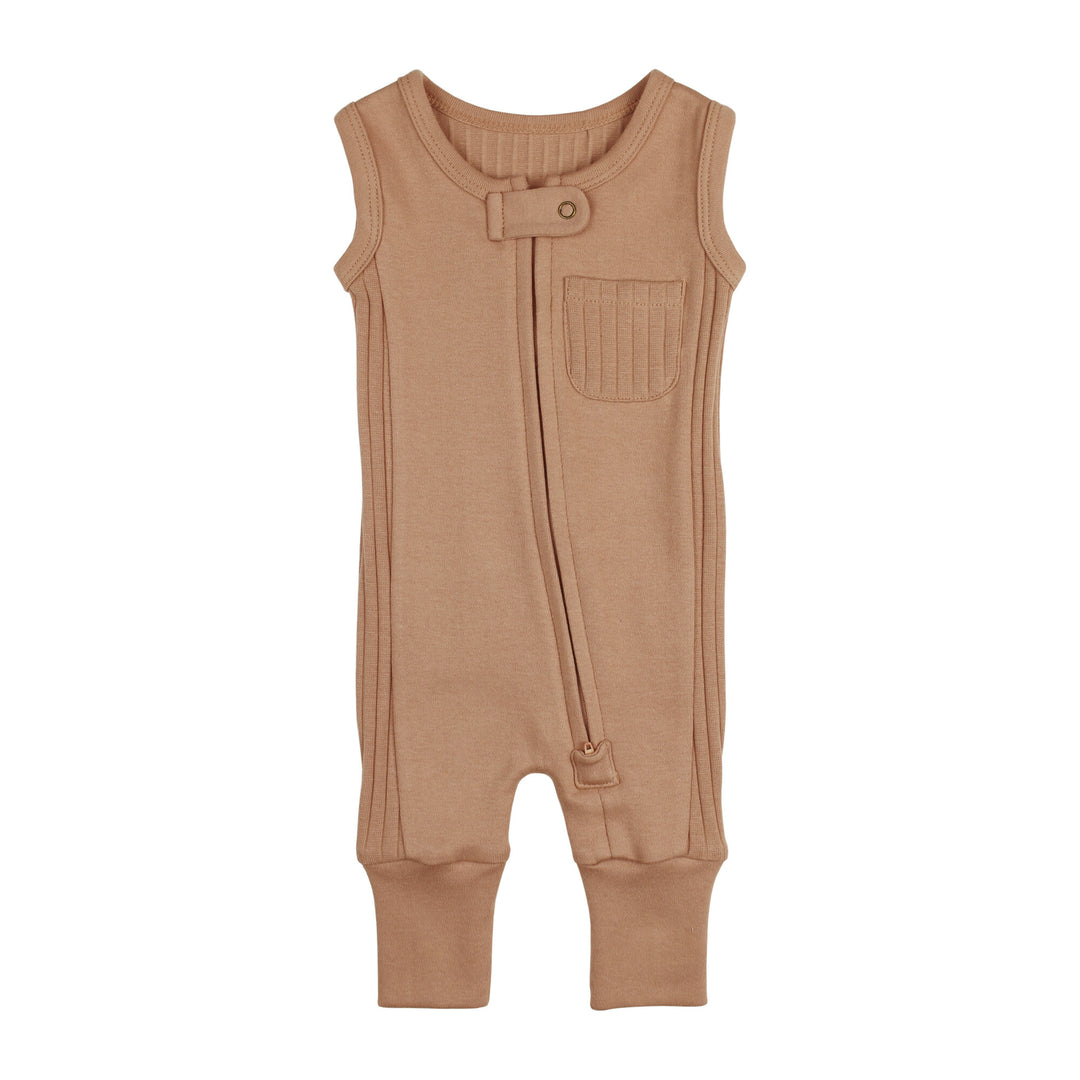 Ribbed Sleeveless Zip Romper in Adobe, a tan clay color.