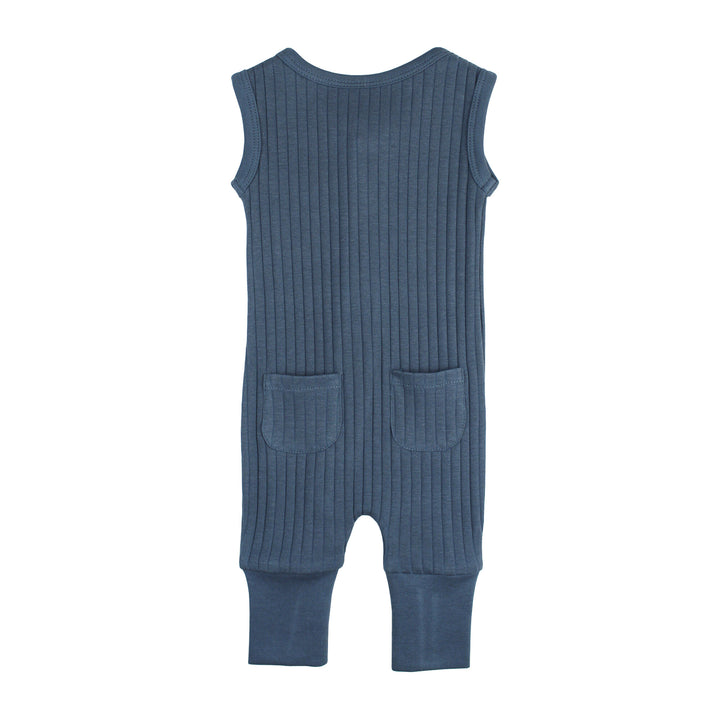 Child wearing Ribbed Sleeveless Zip Romper in Dolphin.
