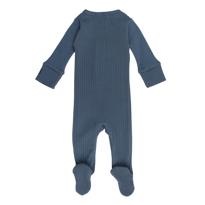 Child wearing Ribbed Zipper Footie in Dolphin.