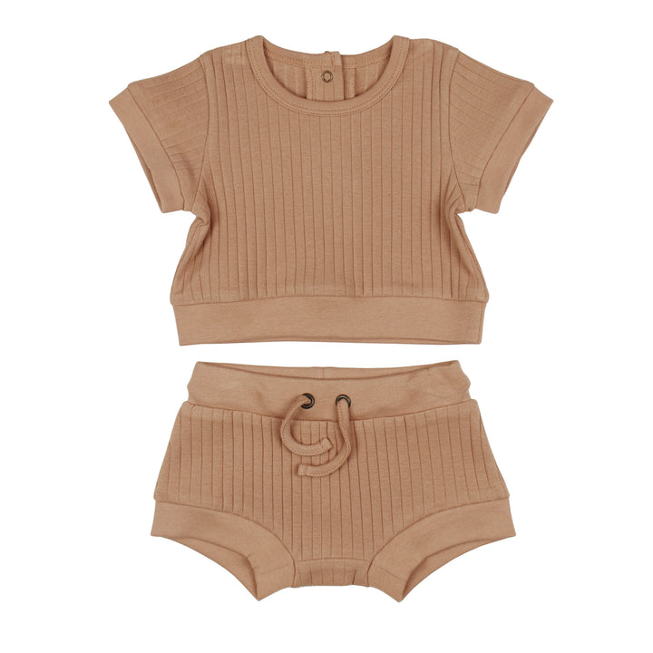 Ribbed Tee & Shortie Set in Adobe, a tan clay color.