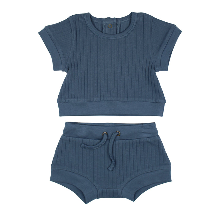 Ribbed Tee & Shortie Set in Dolphin, a deep dark blue.