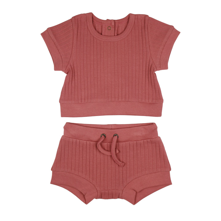 Ribbed Tee & Shortie Set in Sienna, a dark pink color.