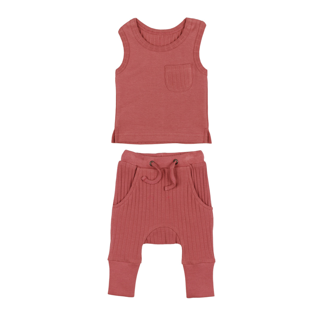 Ribbed Tank & Jogger Set in Sienna, a dark pink color.