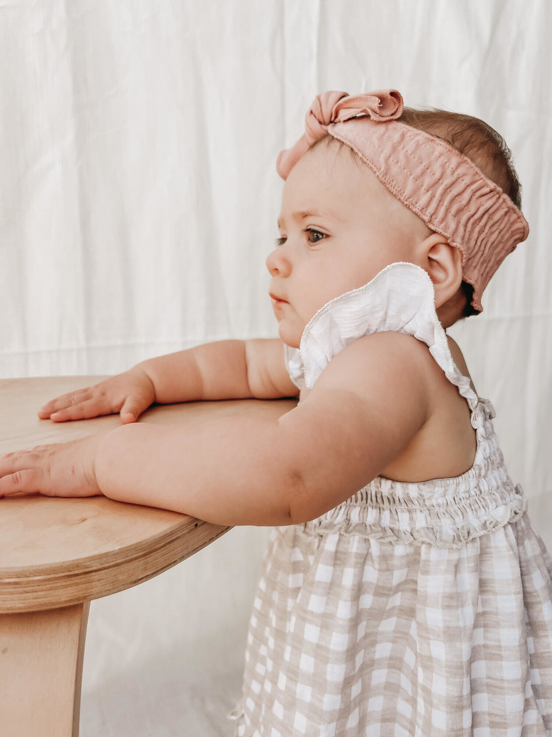 Stone Gingham | Organic Slub Jersey Smocked Summer Dress 6-9m Stone Gingham | Organic Slub Jersey Smocked Summer Dress 6-9m