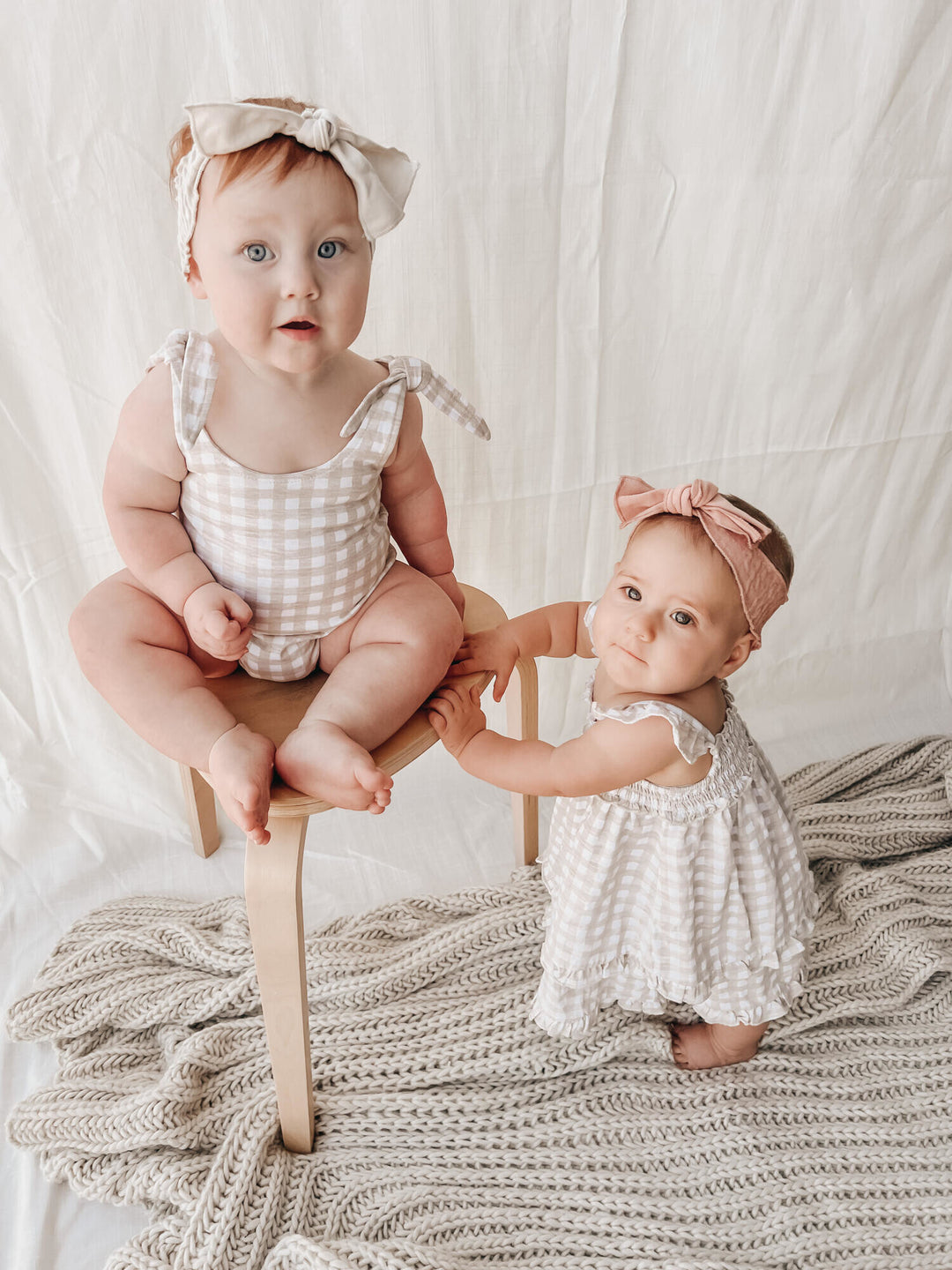 Stone Gingham | Organic Slub Jersey Smocked Summer Dress 6-9m Stone Gingham | Organic Slub Jersey Smocked Summer Dress 6-9m