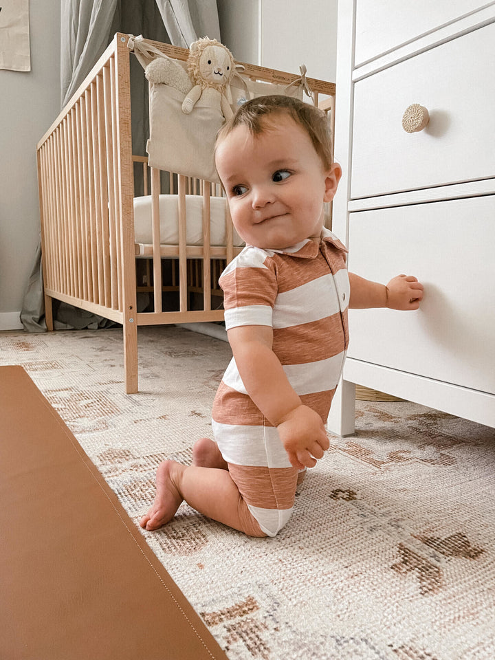 Child wearing Slub Jersey S/Sleeve Romper in Adobe Stripe.