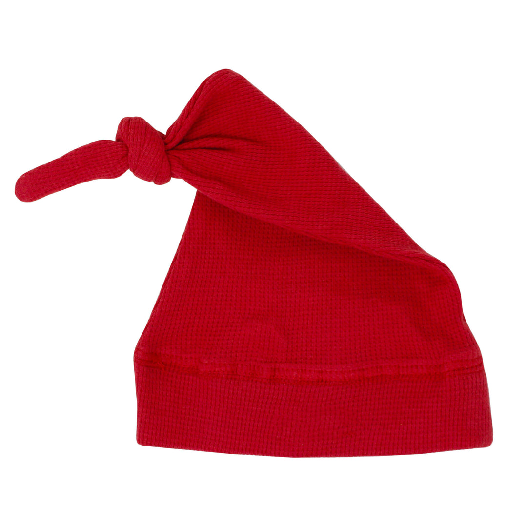 Organic Thermal Knotted Cap in Cherry, a bright red color.