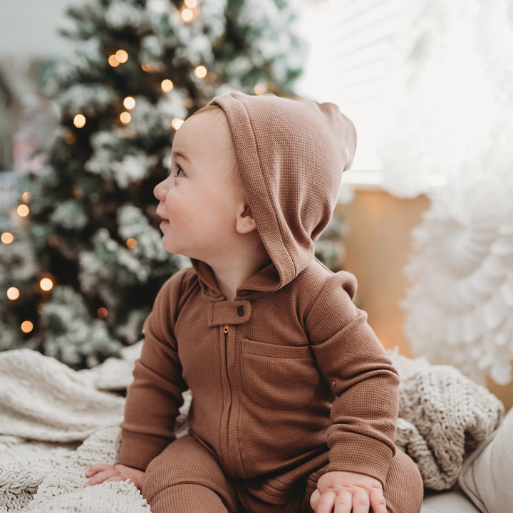 Child wearing Thermal 2-Way Zipper Romper in Cocoa.