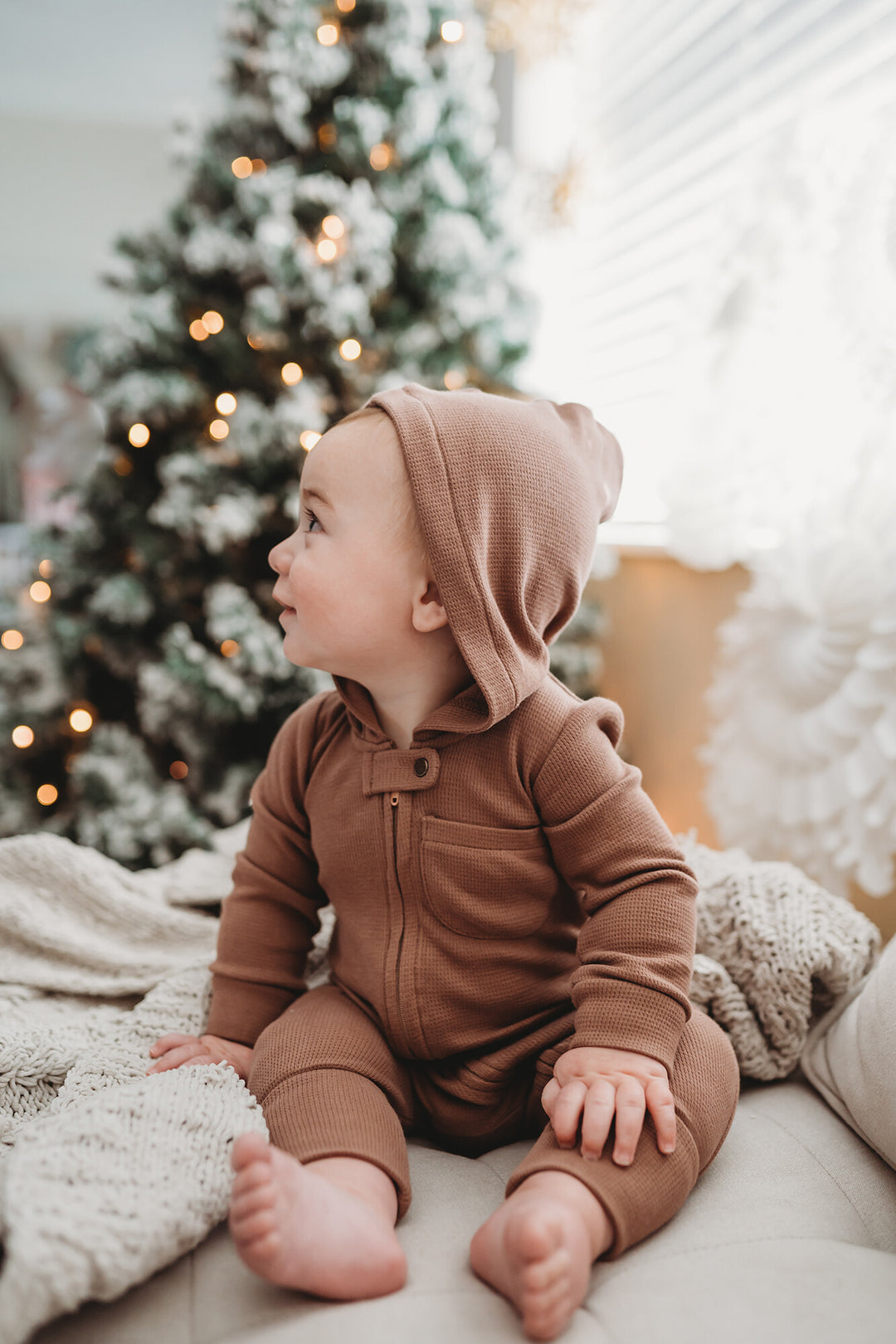 Child wearing Thermal 2-Way Zipper Romper in Cocoa.