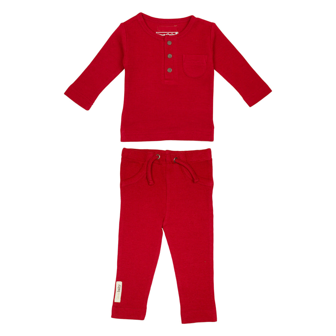 Organic Thermal Baby Lounge Set in Cherry, a bright red color.