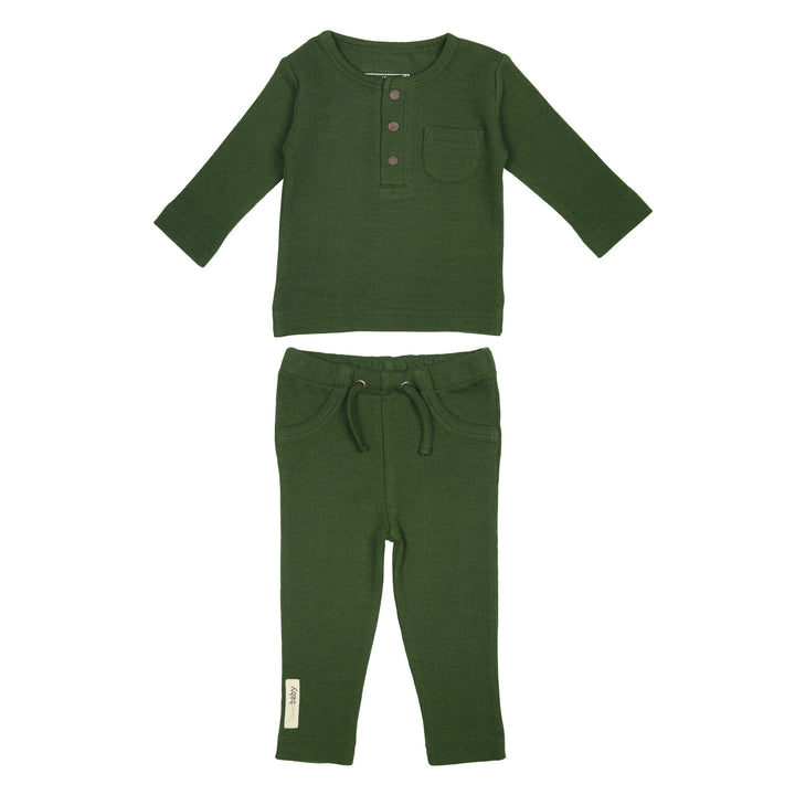 Organic Thermal Baby Lounge Set in Forest, a deep green color.
