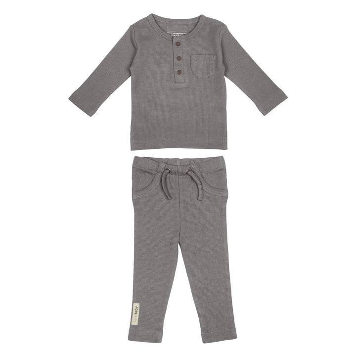 Organic Thermal Baby Lounge Set in Mist, a medium gray color.