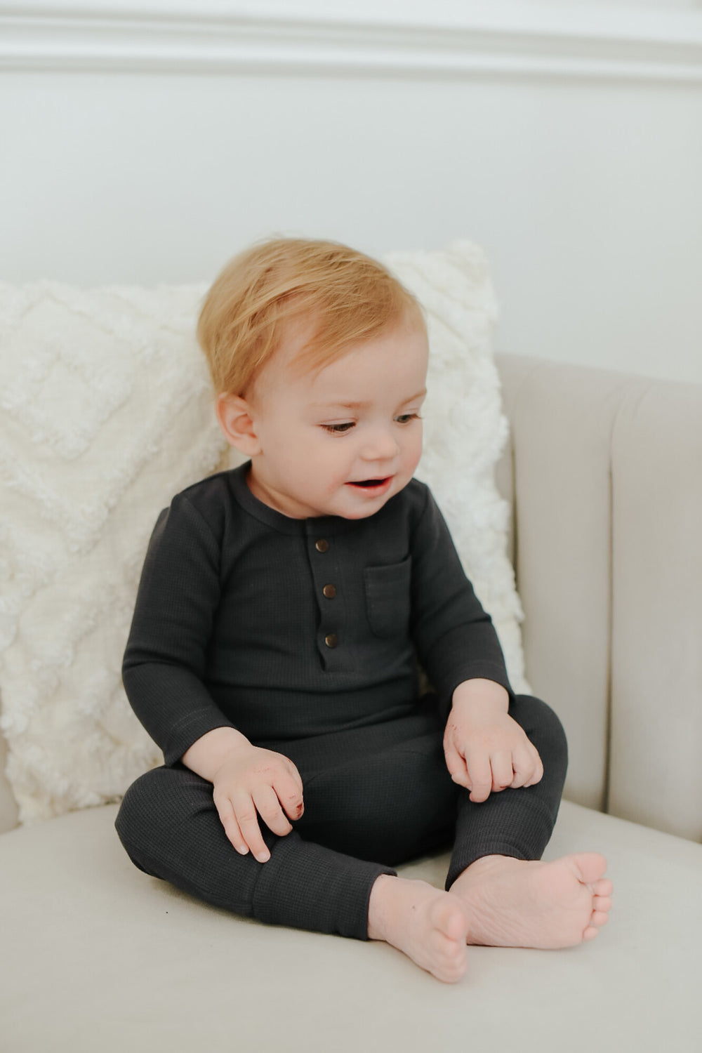 Child wearing Thermal Henley & Jogger Set in Coal.