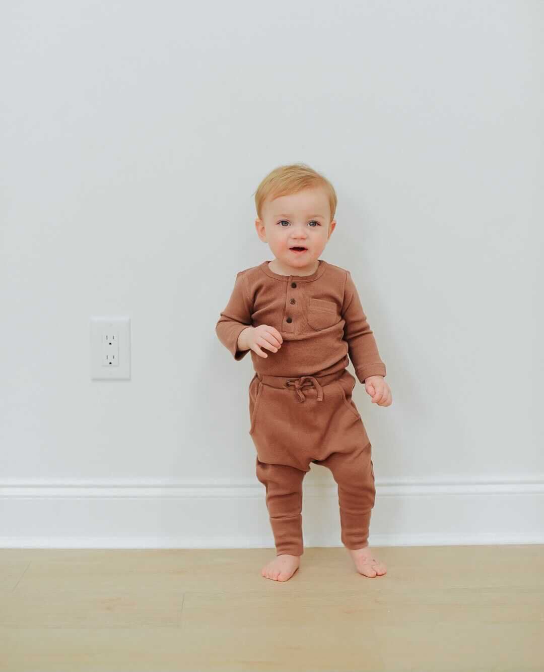 Child wearing Thermal Henley & Jogger Set in Cocoa.