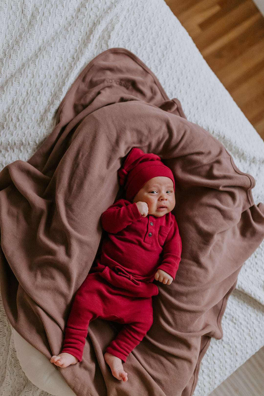 Child wearing Thermal Henley & Jogger Set in Crimson.