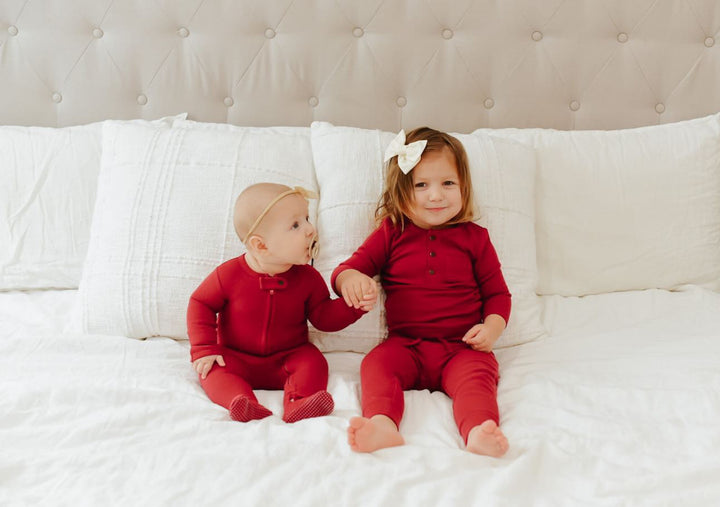 Child wearing Thermal Henley & Jogger Set in Crimson.