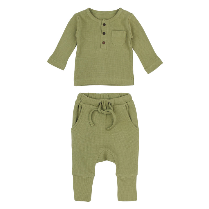 Thermal Henley & Jogger Set in Sage, a medium green color.