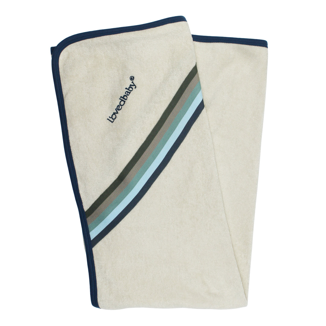 Organic Terry Cloth Hooded Towel in Blues, a trio of light gray, medium blue and dark blue.
