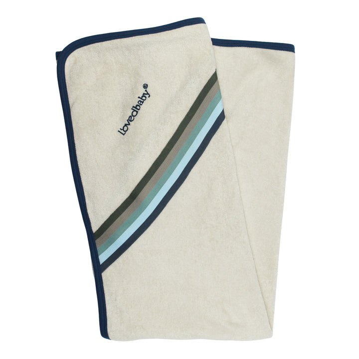 Organic Terry Cloth Hooded Towel in Blues, a trio of light gray, medium blue and dark blue.