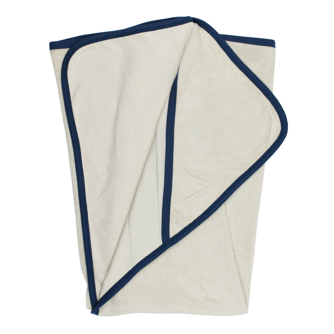 Back view of Organic Terry Cloth Hooded Towel in Blues, a trio of light gray, medium blue and dark blue.