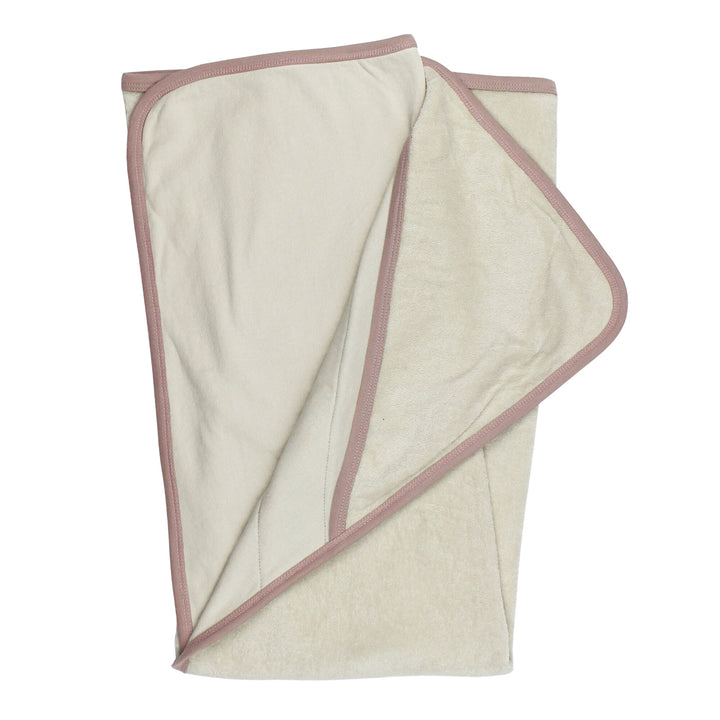 Back view of Organic Terry Cloth Hooded Towel in Pinks, a trio of light pink, salmon pink, and medium pink.