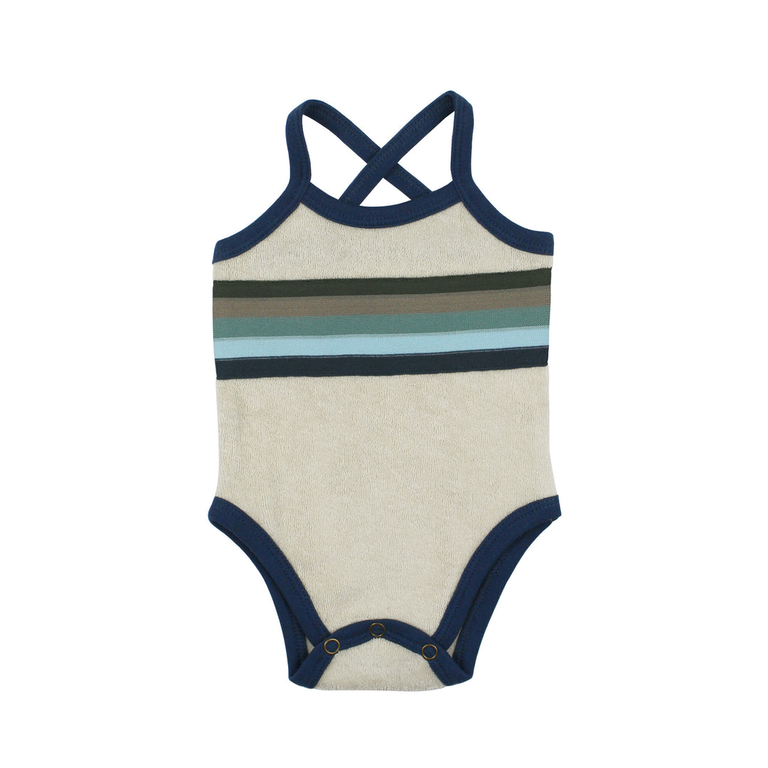 Organic Terry Cloth Bodysuit in Blues, a trio of light gray, medium blue and dark blue.