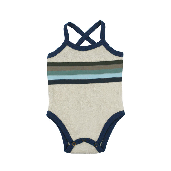 Organic Terry Cloth Bodysuit in Blues, a trio of light gray, medium blue and dark blue.