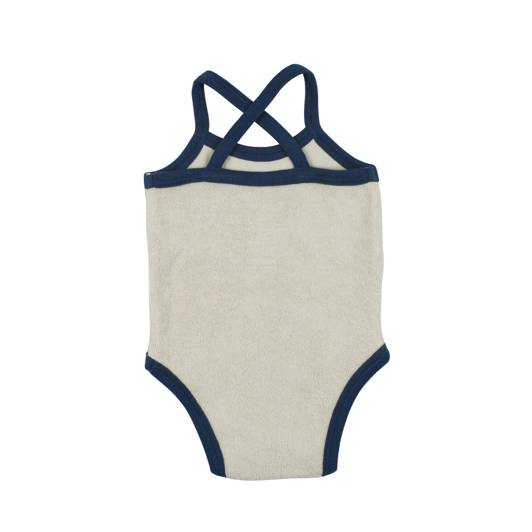 Back view of Organic Terry Cloth Bodysuit in Blues, a trio of light gray, medium blue and dark blue.