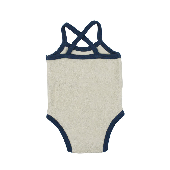 Back view of Organic Terry Cloth Bodysuit in Blues, a trio of light gray, medium blue and dark blue.