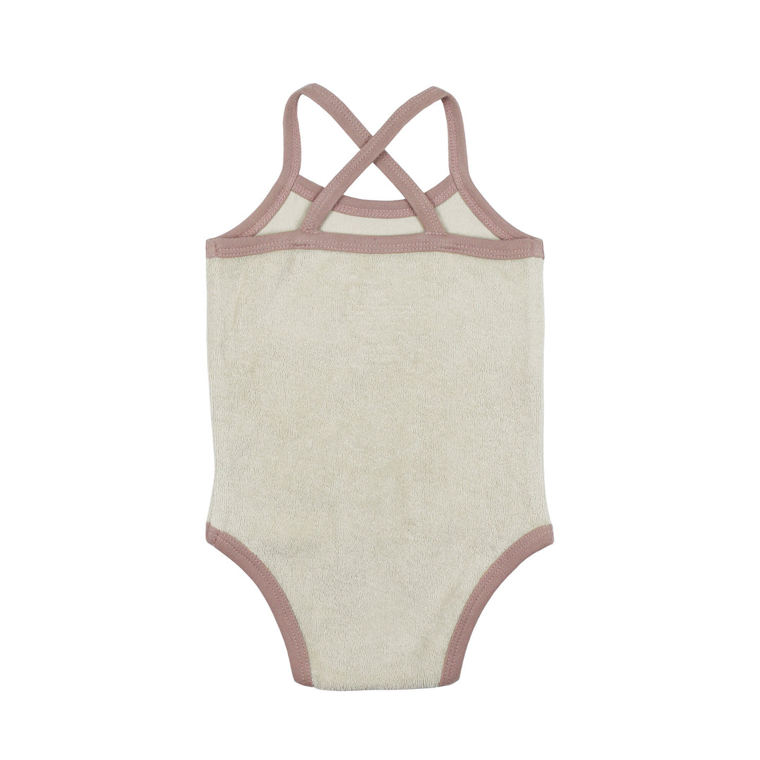 Back view of Organic Terry Cloth Bodysuit in Pinks, a trio of light pink, salmon pink, and medium pink.