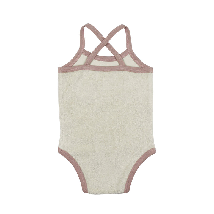 Back view of Organic Terry Cloth Bodysuit in Pinks, a trio of light pink, salmon pink, and medium pink.