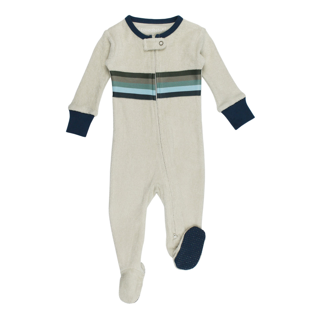 Organic Terry Cloth 2-Way Zipper Footie in Blues, a trio of light gray, medium blue and dark blue.