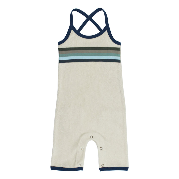 Organic Terry Cloth Overall in Blues, a trio of light gray, medium blue and dark blue.