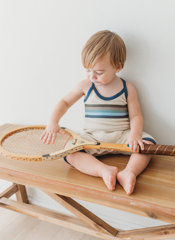 Child wearing Organic Terry Cloth Overall in Blues.