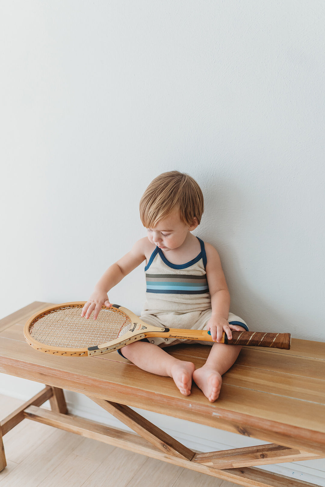 Child wearing Organic Terry Cloth Overall in Blues.