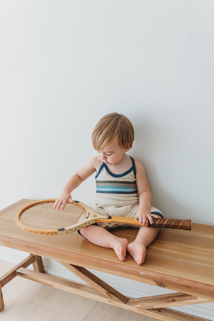 Child wearing Organic Terry Cloth Overall in Blues.