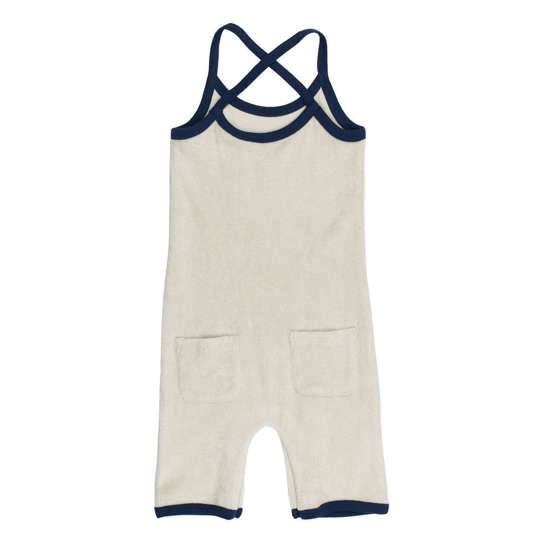 Back view of Organic Terry Cloth Overall in Blues, a trio of light gray, medium blue and dark blue.
