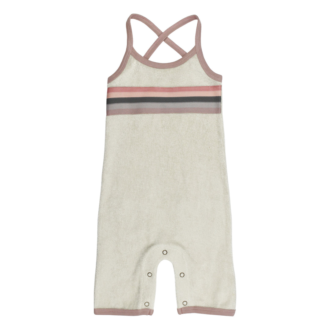 Organic Terry Cloth Overall in Pinks, a trio of light pink, salmon pink, and medium pink.