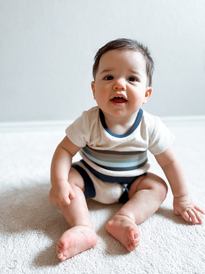 Child wearing Organic Terry Cloth Tee & Shortie Set in Blues.