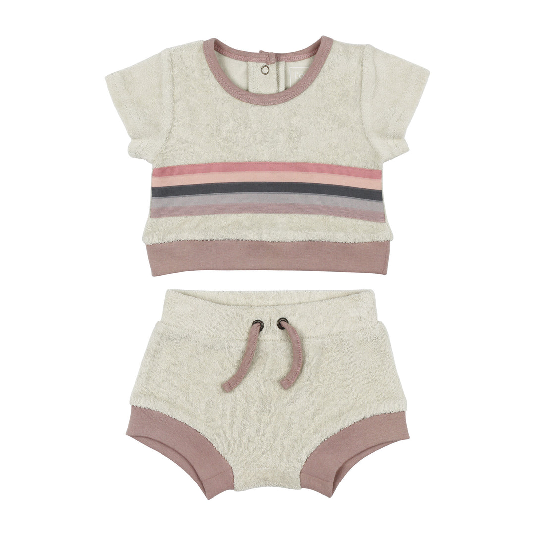 Organic Terry Cloth Tee & Shortie Set in Pinks, a trio of light pink, salmon pink, and medium pink.