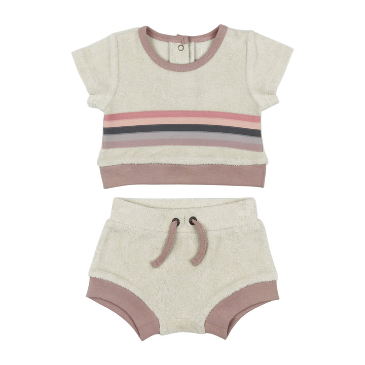 Organic Terry Cloth Tee & Shortie Set in Pinks, a trio of light pink, salmon pink, and medium pink.