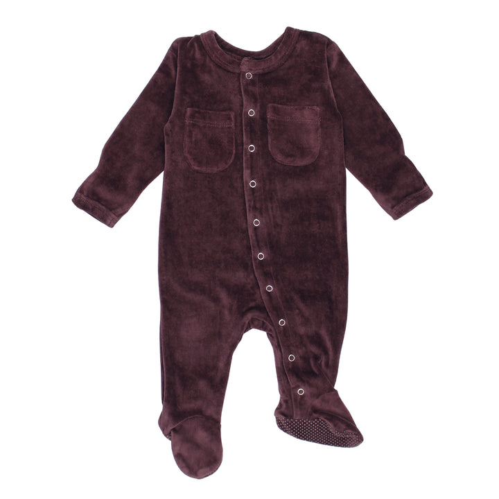 Organic Velour Footed Overall in Eggplant, Flat