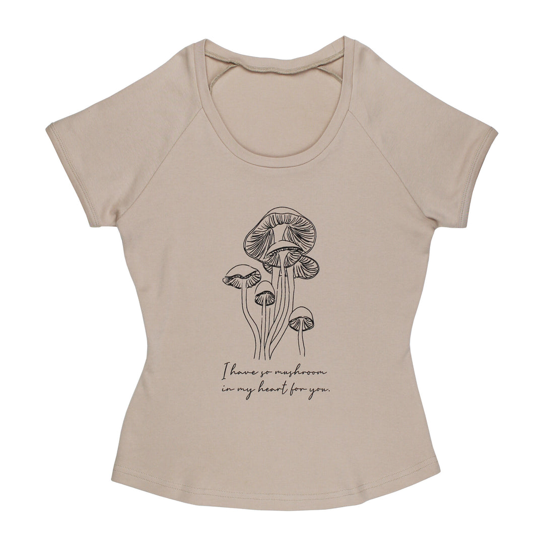 Women's Raglan T-Shirt in Oatmeal Mushrooms.