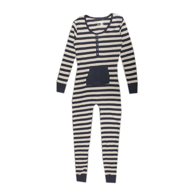 Organic Women's Onesie in Navy/Light Gray Stripe, a dark blue and light gray stripe pattern.