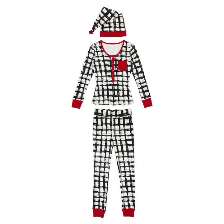 Organic Holiday Women's 2-Pc Lounge Set with Cap in Christmas Day Plaid, a beige fabric with red and black plaid.