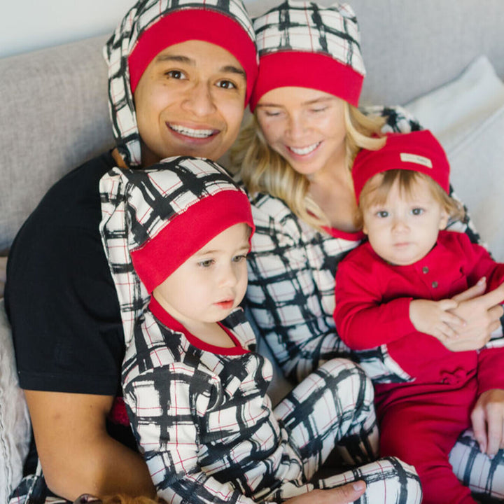 Child wearing Organic Holiday Women's 2-Pc Lounge Set with Cap in Christmas Day Plaid.