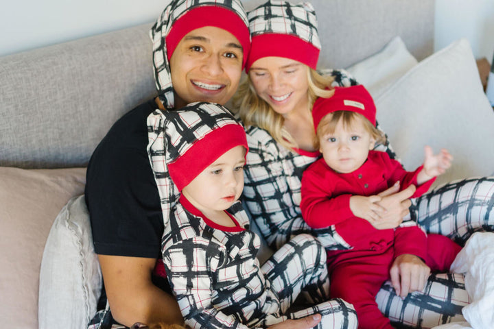 Child wearing Organic Holiday Women's 2-Pc Lounge Set with Cap in Christmas Day Plaid.