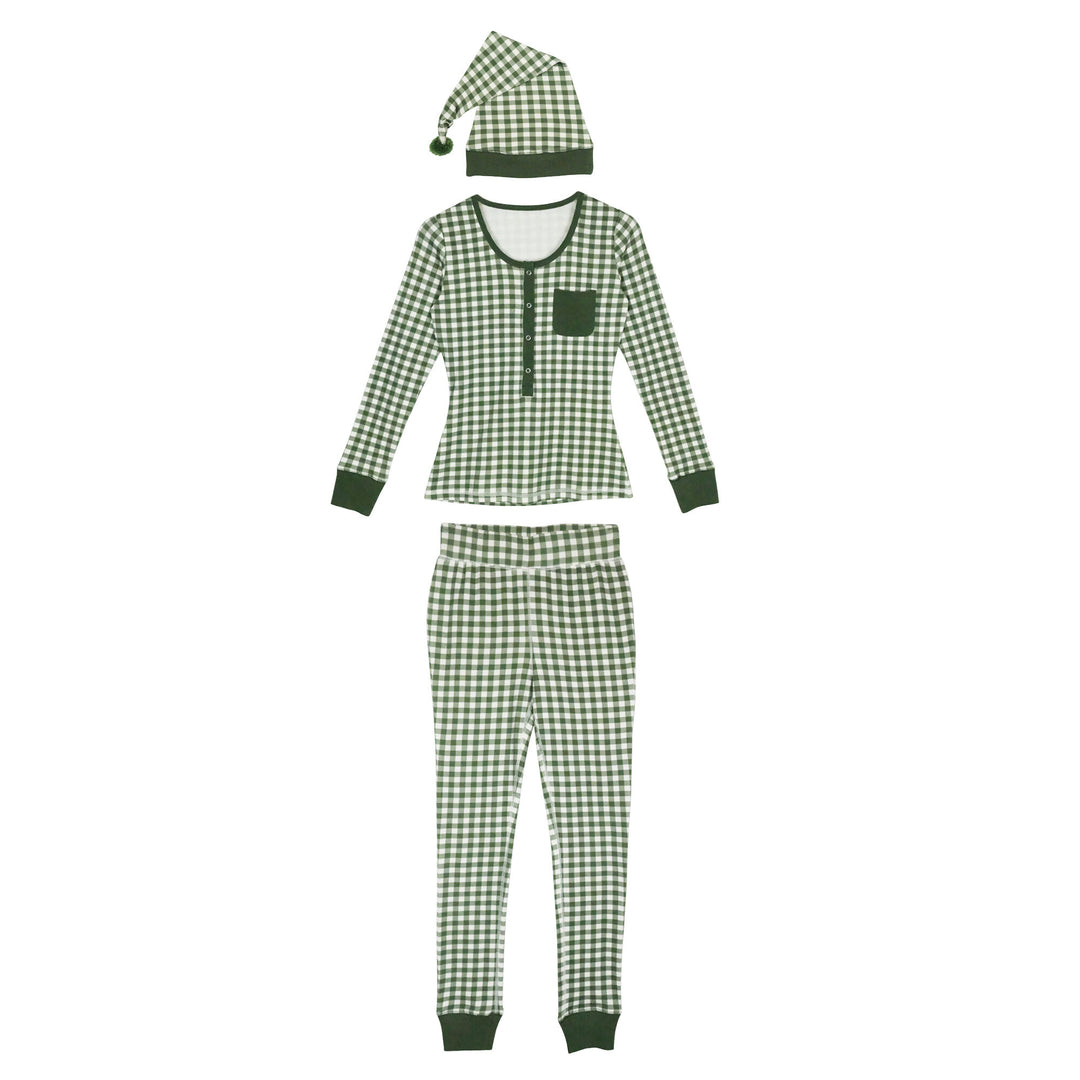 Organic Holiday Women's 2-Pc Lounge Set with Cap in Christmas Eve Plaid, a beige fabic with green gingham print.