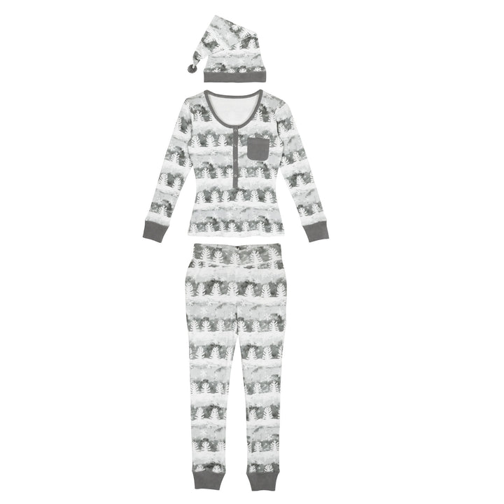 Organic Holiday Women's 2-Pc Lounge Set with Cap in Winter Wonderland, a white base fabic with greenish gray trees.