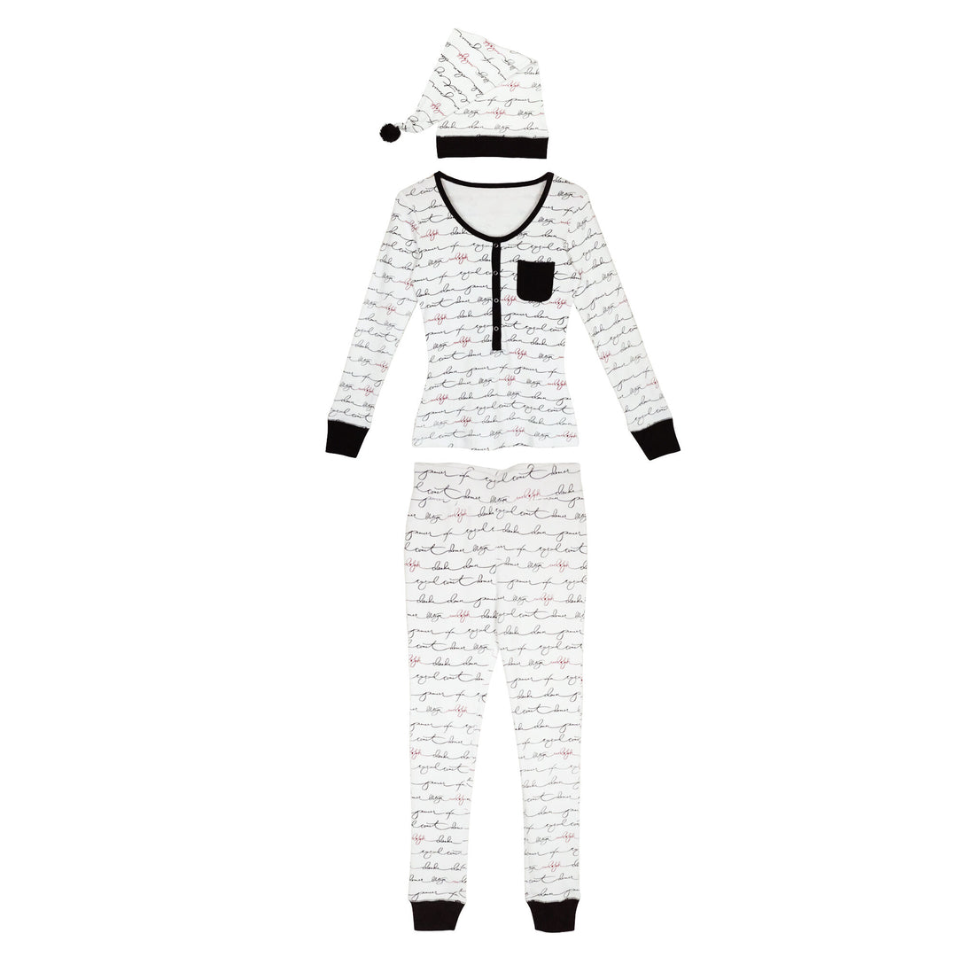 Organic Holiday Women's 2-Pc Lounge Set with Cap in Writing Reindeer, a white fabric with black printed reindeer names, and Rudolph's name in red.
